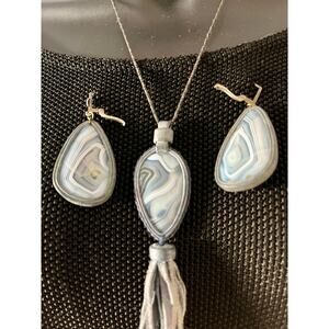 Blue Lace Agate Necklace & Earrings Jewelry Set  Pendant Natural Gemstone VTG